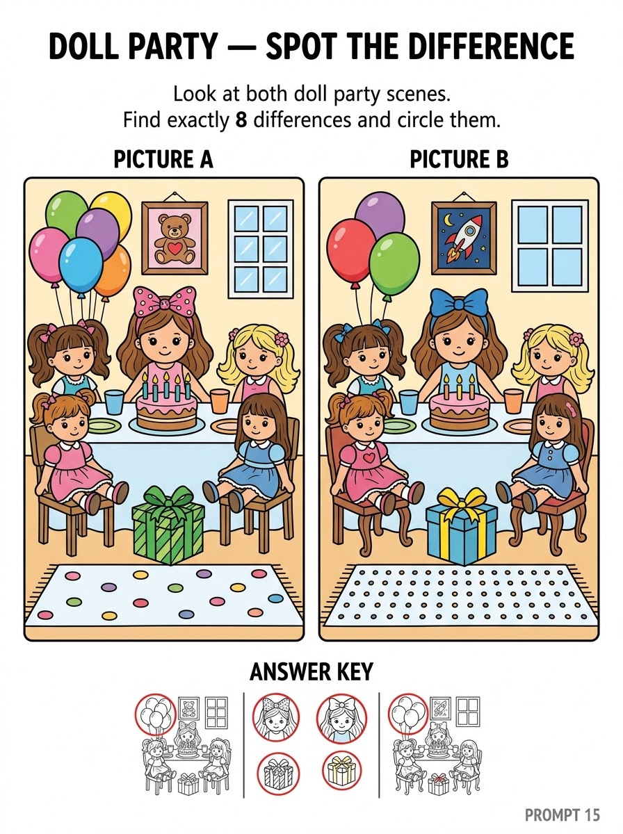 Doll Party Spot the Difference — two party scenes with 8 differences to find